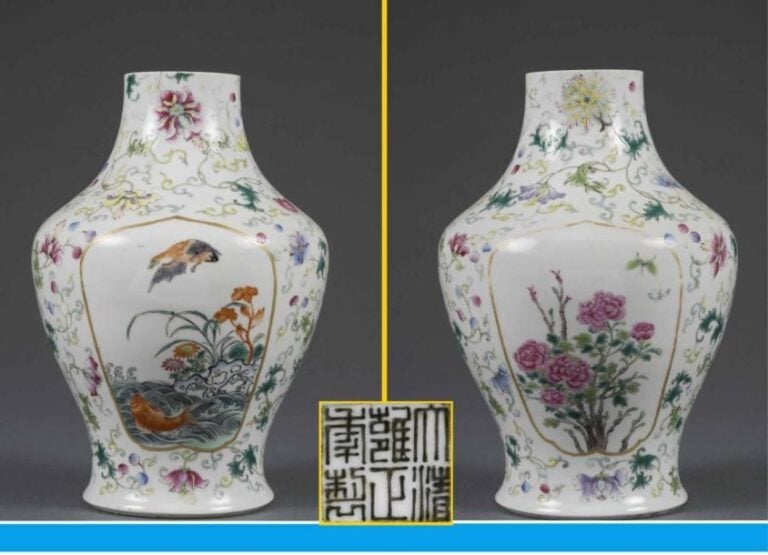 1036 VASE DE FORME QUEUE DE PHENIX EN PORCELAINE EMAILLEE DANS LE STYLE DE LA "FAMILLE ROSE", FENGWEIZUN Chine, Epoque XIXe/XXe siècle Il est orné d'un semis floral au milieu duquel sont laissés en réserve deux médaillons polylobés, le premier aux pivoines et au papillon, le second à la carpe jaillissant de l'eau et à l'oie saisie dans son vo
