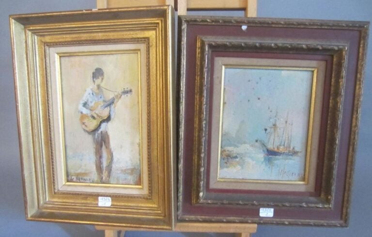 2 Huiles sur panneau " Joueur de Guitare " par Le Guenec