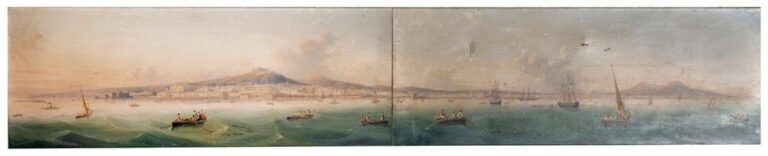 2 huiles sur papier marouflées sur toile représentant un panorama de la baie de Naples (accidents)
