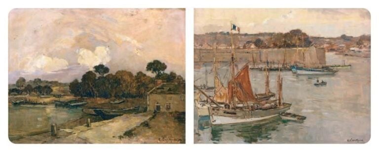 a- «L'entrée du port de Concarneau animé de chalutiers» Huile sur panneau, signée en bas à droite «