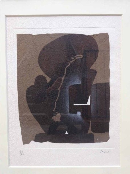 Abstraction en noir blanc et marron Multiple / estampe sur papier froissé et marouflé