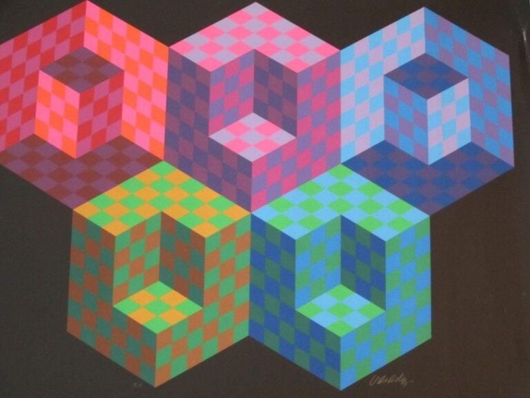Abstraction et cubes Sérigraphie justifiée en bas à gauche: Epreuve d'artiste Contresignée en bas à droite 75 x 100 cm
