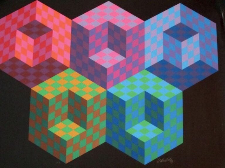 Abstraction et cubes Sérigraphie justifiée en bas à gauche: Épreuve d'artiste Contresignée en bas à droite 75 x 100 cm