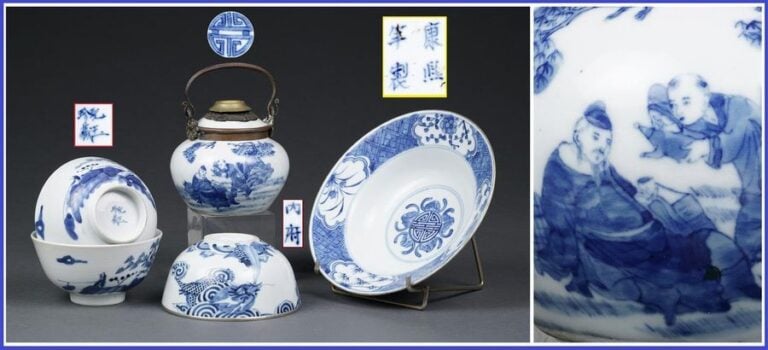 ACCUMULATION DE CINQ (5) PIECES EN PORCELAINE DITE « BLEU DE HUÊ »