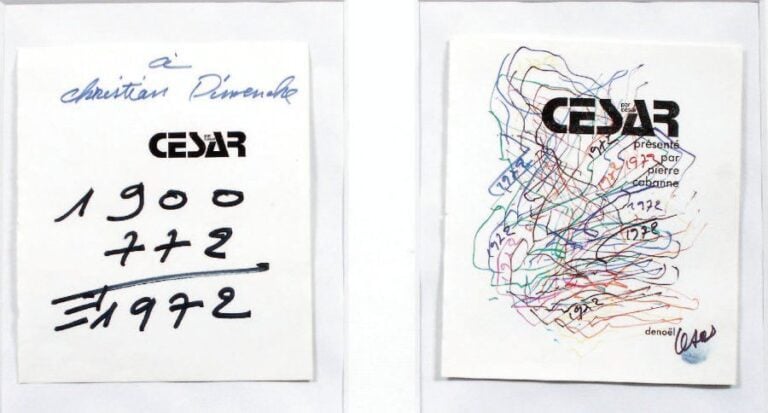 Accumulation de dates Dessin et texte aux feutres de couleurs sur papier Signé, tamponné du pouce, daté 1972 en bas à droite Dédicacé « à christian dimanche» en haut à droite 20 x 34 cm