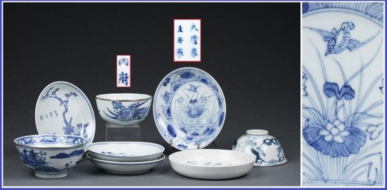 ACCUMULATION DE HUIT (8) PORCELAINES DITES BLEU DE HUÊ