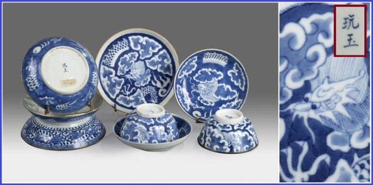 ACCUMULATION DE HUIT (8) PORCELAINES DITES BLEU DE HUÊ, YU / ?, WAN YU / ?? ET BI YU ?? 