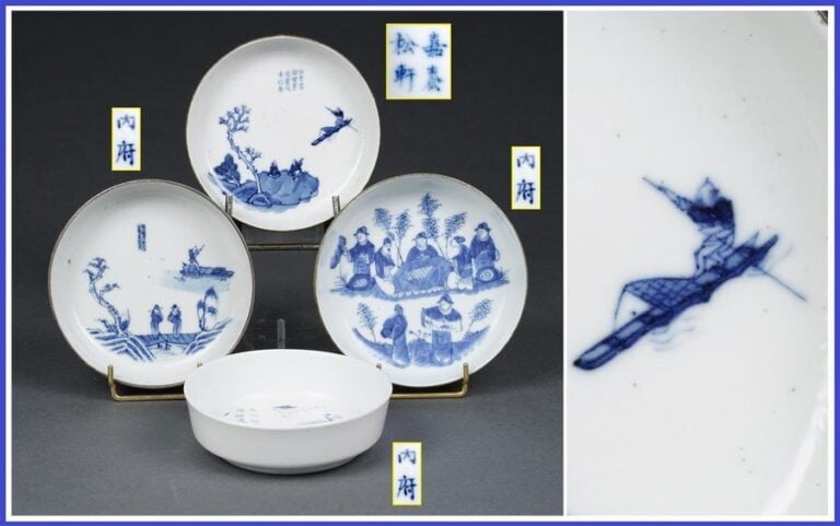 ACCUMULATION DE QUATRE (4) COUPES EN PORCELAINE DITE « BLEU DE HUÊ », NEI FU / N?I PH? / ?? (x3) & JIA TAI SONG XUAN ????