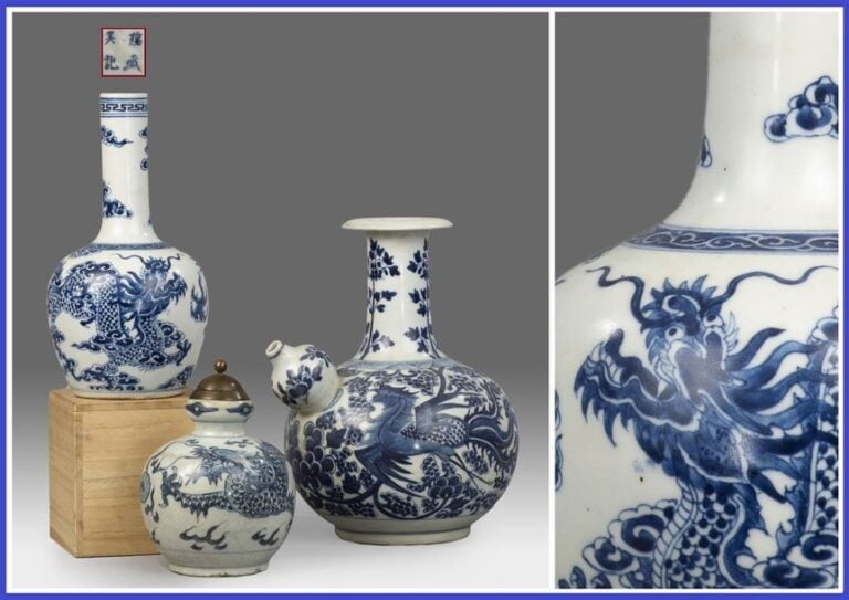 ACCUMULATION DE TROIS (3) PIECES EN PORCELAINE DITE BLEU DE HUÊ