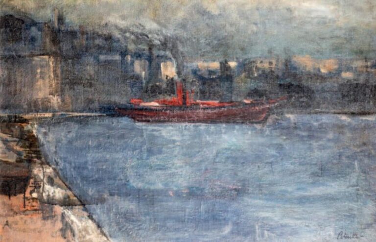 Adolphe PÉTERELLE (1874-1947)Paysage au bateauHuile sur toile, signée 54 x 81 cm