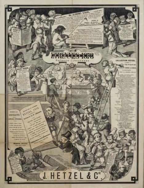 Affiche Hetzel imprimée recto-verso en N&B pour les Étrennes 1878 dite «Les P'tits bouts d'hommes