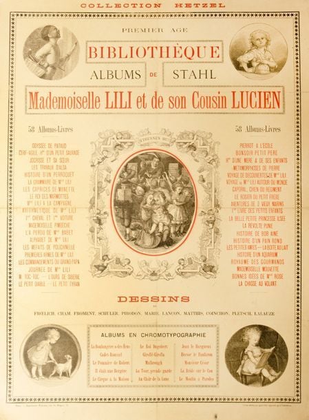 Affiche Hetzel pour les Étrennes 1877 / «Bibliothèque de Mlle Lili et de son cousin Lucien / Albums Stahl