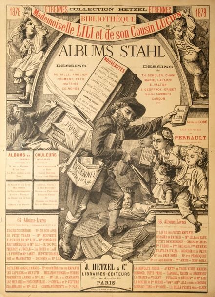 Affiche Hetzel pour les Étrennes 1878 / «Bibliothèque de Mlle Lili et de son cousin Lucien / Albums Stahl