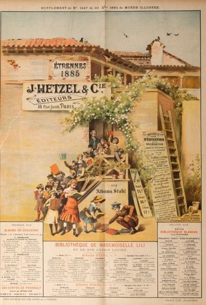 Affiche Hetzel pour les Étrennes 1885 dite «Le Perron aux roses» / «Bibliothèque de Mlle Lili et de son cousin Lucien