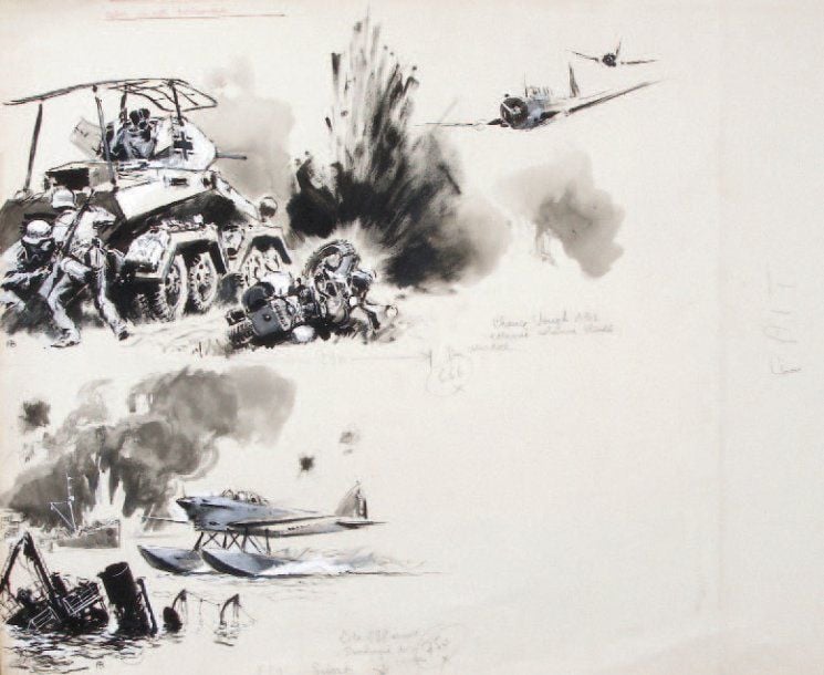 ALBERT BRENET (1903-2005) Nommé peintre de l'Air en 1936 « Attaque d'une colonne allemand