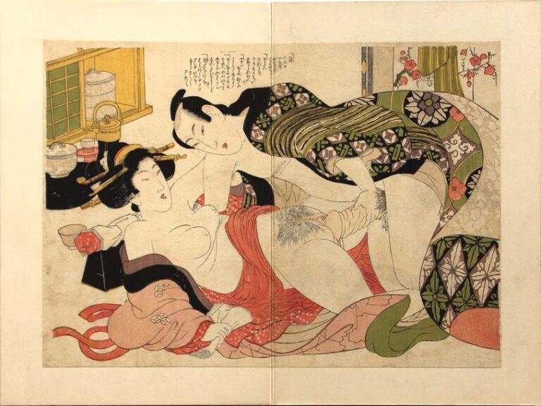 Album comprenant trois estampes érotiques (shunga), coupures d'anciens livres japonais d'estampe