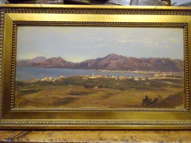 Alessandro CASTELLI (1811-1892) Probable vue de la baie de Naples Huile sur toile marouflée sur carton Signée en bas à droite 30 x 61 cm