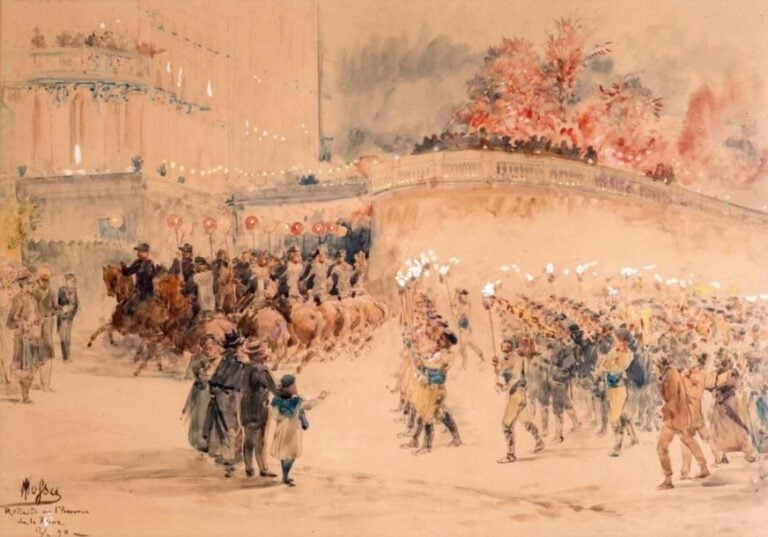 Alexis MOSSA (1844-1926)Retraite en l'honneur de la reine , 1890Aquarelle sur papier, signée, titrée et datée 33 x 47,5 cm (à vue)