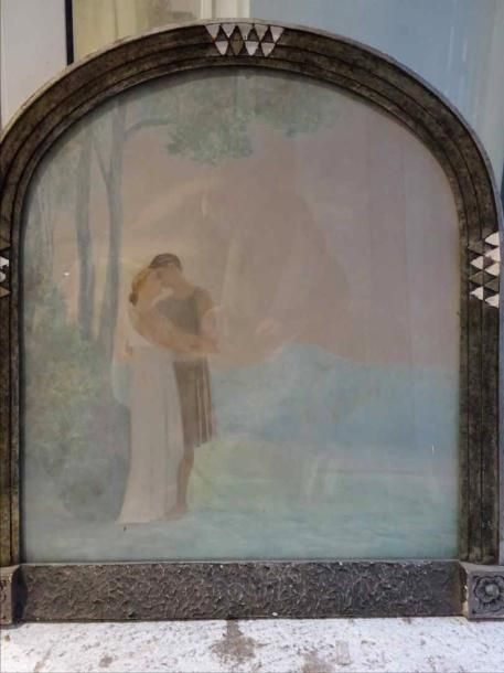 Alphonse OSBERT (1857-1939) Ariane et Thésée (ou le couple d'amoureux) Eau-forte symboliste Signée dans la planche en bas à droite Dans un encadrement d'époque en bois sculpté, stuqué et argenté 52 x 46 cm (à vue)