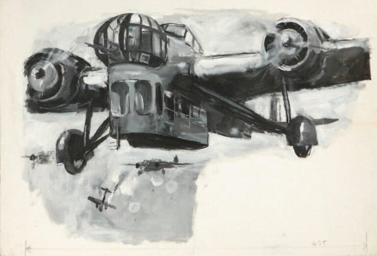 « Amiot 143 en vol » Gouache sur papier réalisée pour la revue Icare, signée en bas à gauch