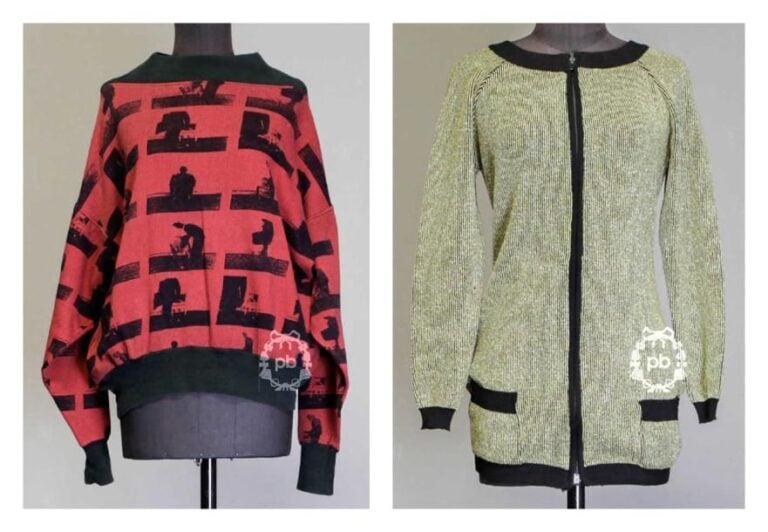 Ample SWEATER en jersey de coton imprimé noir et rouge, encolure bateau, poignets et taille en bord-côtes, deux poches dans les coutures (env TM