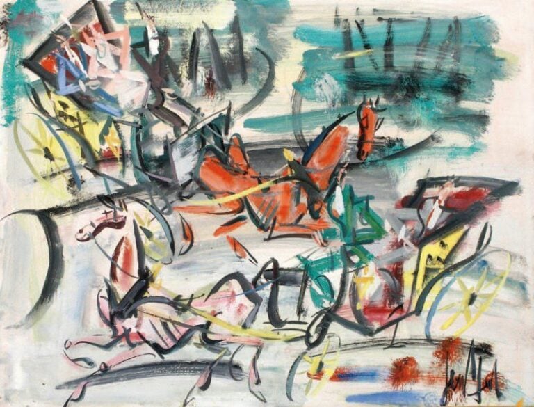 Animation autour de la porte Saint Denis Aquarelle gouachée, signée en bas à droite 59 x 62 cm