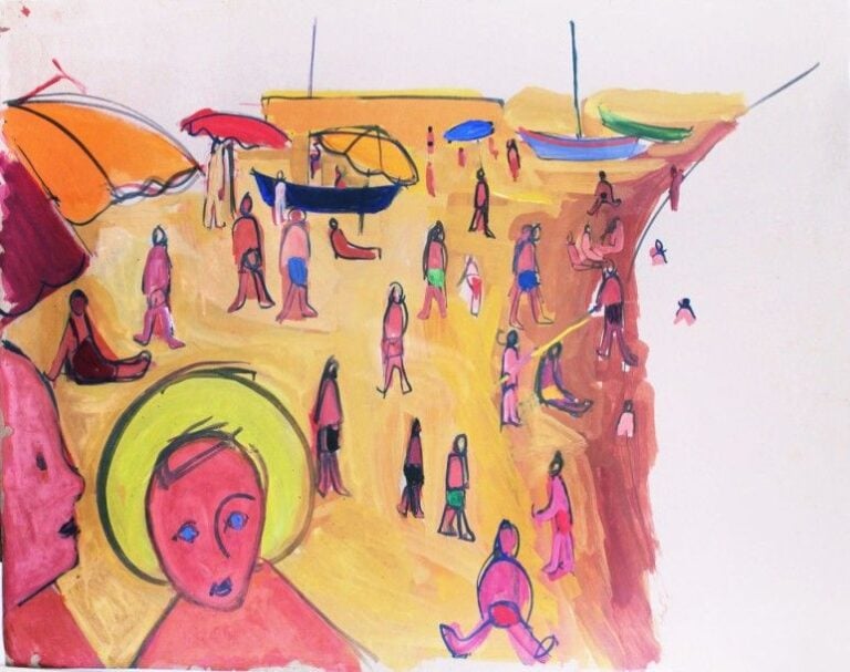 Animation sur la plage Gouache sur papier, cachet de la vente d'atelier au dos 64 x 80 cm
