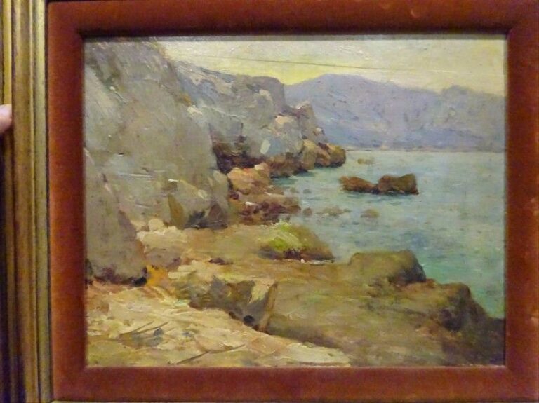 ANONYME (Actif début XXe siècle) La côte rocheuse Huile panneau Non signée 31 x 39 cm (à vue) (panneau fendu en haut)