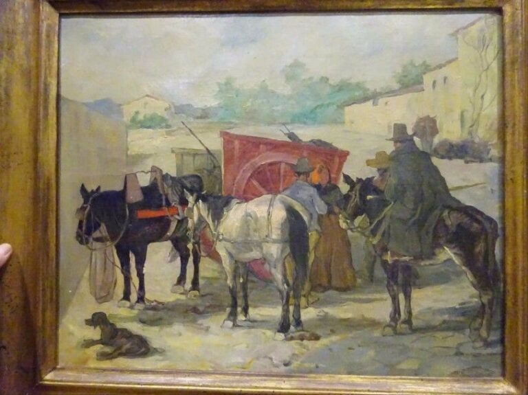 ANONYME (Actif début XXe siècle) La halte équestre Huile sur toile Non signée 46 x 55 cm