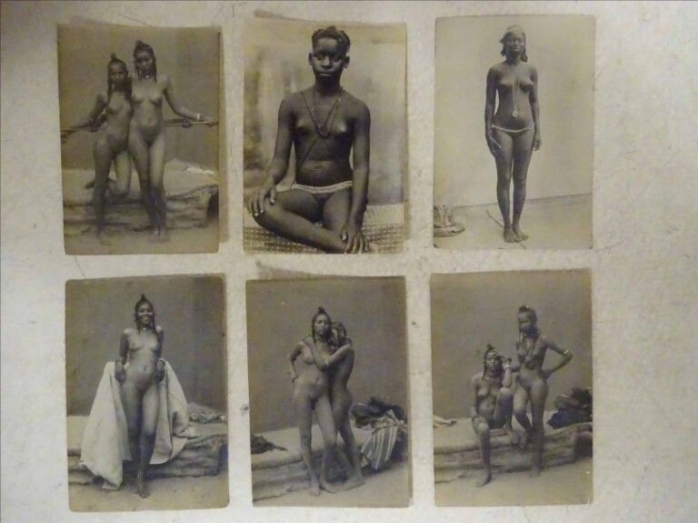 ANONYME (Actif début XXe siècle) Lot de six photographies argentiques en noir et blanc représentants des femmes nues d'Afrique Noire et du Maghreb (traces de colle aux dos, infimes écornures