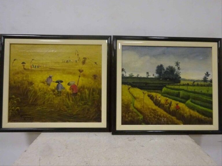 ANONYME (Actif seconde moitié du XXe siècle) Paysans aux champs à Bali Paire d'huiles sur toile L'une signée en bas à gauche, l'autre signée en bas à droite (illisible) Toutes deux situées et datées: Peliatan, Bali, 1981 30 x 36 cm (chaque)
