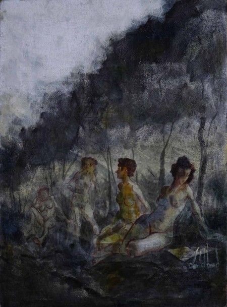 ANONYME (Actif XXe siècle)° Les baigneuses Huile sur toile Signée en bas à droite (illisible) (mouillures)