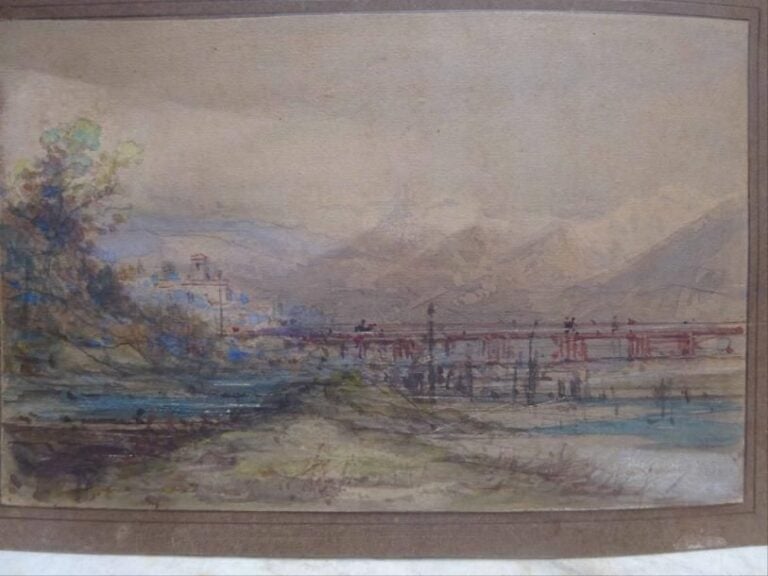 ANONYME  « Vue du Pont du VAR » Aquarelle sur papier,  marouflée sur carton, non signée, titrée au dos 15,5 x 24 cm (non encadré)