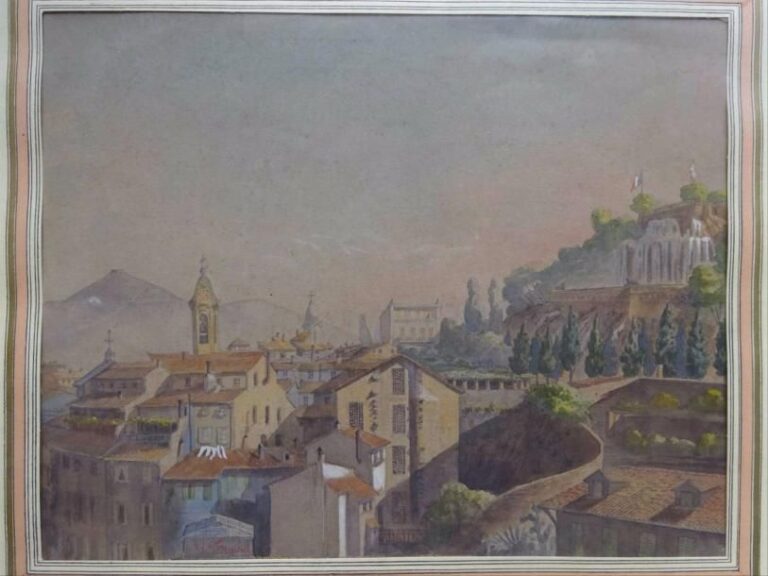 Antoine TRACHEL (1828-1923) La cascade et le vieux-Nice,  Aquarelle sur papier, signée en bas à gauche 23 x 29 cm Légère insolation et infimes piqures