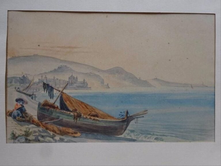 Antoine TRACHEL (1828-1923) La raccommodeuse de filet, au loin la jetée promenade Aquarelle sur papier Signée en bas à gauche, annotation manuscrite posthume au dos « vue de Nice avec la jetée, pro