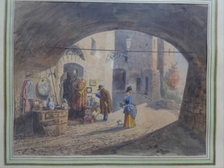 Antoine TRACHEL (1828-1923) « Le magasin de brocante Pont-Magnan-Lou » (peut-être le magasin du père de l'artiste) Aquarelle sur papier Signée en bas gauche, annotation manuscrite posthume au dos  23 x 29 cm