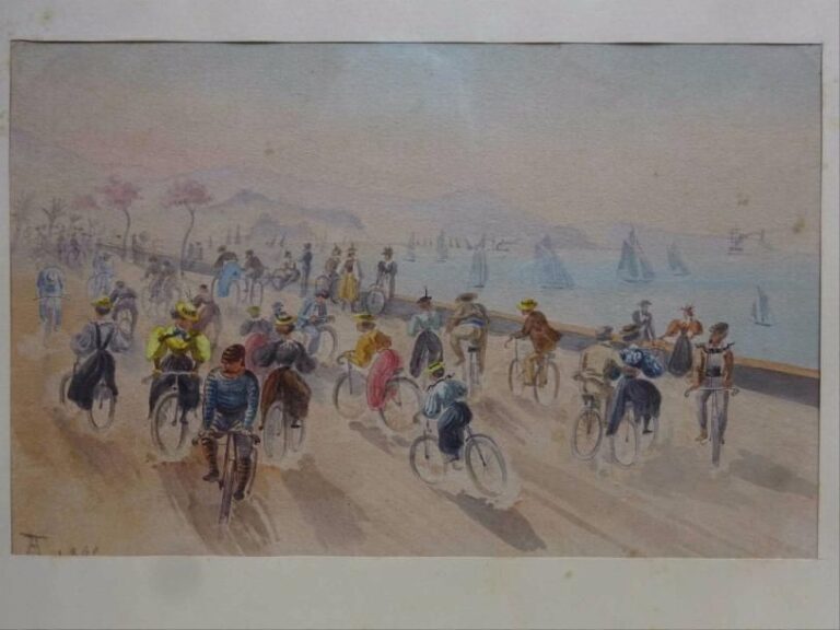 Antoine TRACHEL (1828-1923) Les bicyclettes sur la promenade Aquarelle sur papier  Monogrammée en bas à gauche « 1895 » 15 x 23,5 cm à vue
