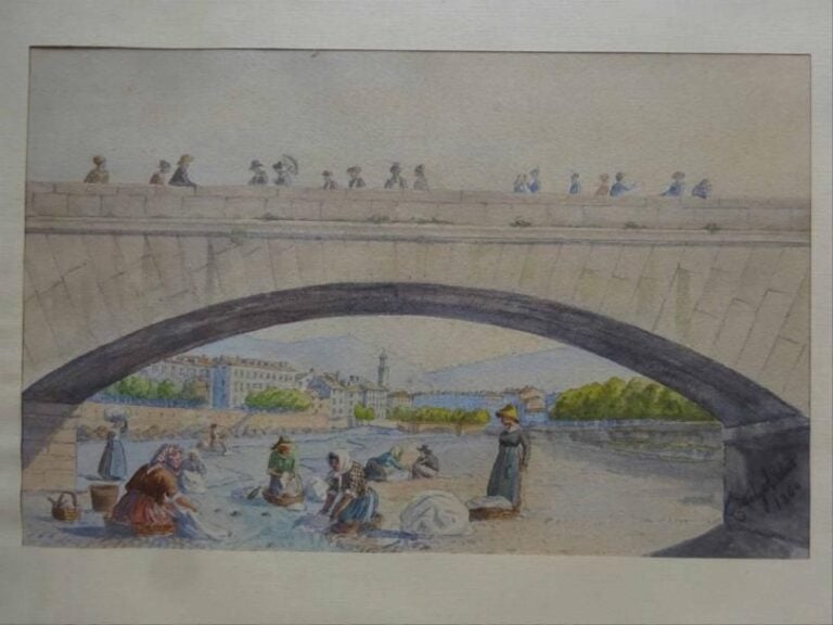 Antoine TRACHEL (1828-1923)  Les lavandières sous le pont  du paillon , place St Francois dans le fond Aquarelle sur papier Signée et datée en bas droite « TRACHEL FECIT 1860 », annotation manuscrite posthume au dos « vue du pont vieux prise du pont neuf » 15 x 23,5 cm
