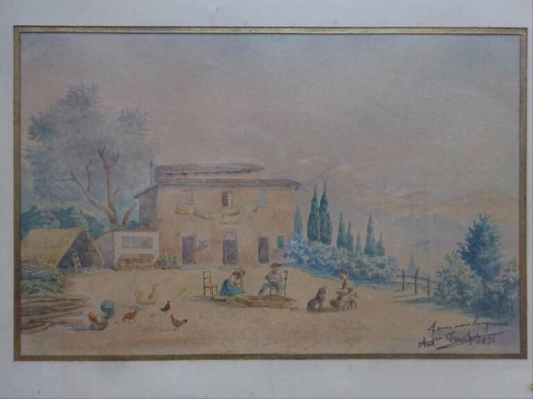 Antoine TRACHEL (1828-1923)  Les travaux dans la cour du mas  Aquarelle sur papier  Signée, dédicacée et datée en bas à droite 1876 15 x 23 cm à vue