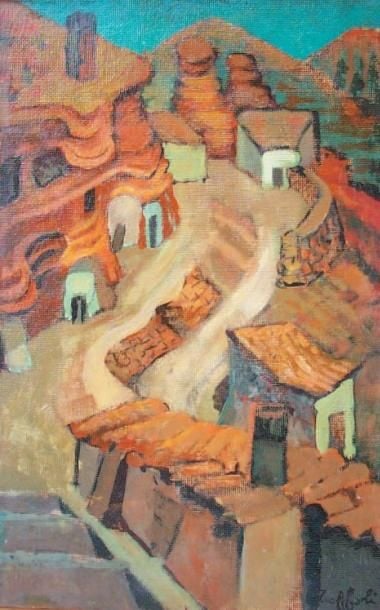 ARABA DE ARAGON (ESPAGNE), 1950 Huile sur isorel originale Titrée au dos Encadrée 55 x 33 cm Certificat de l'expert (Union Française des Experts)