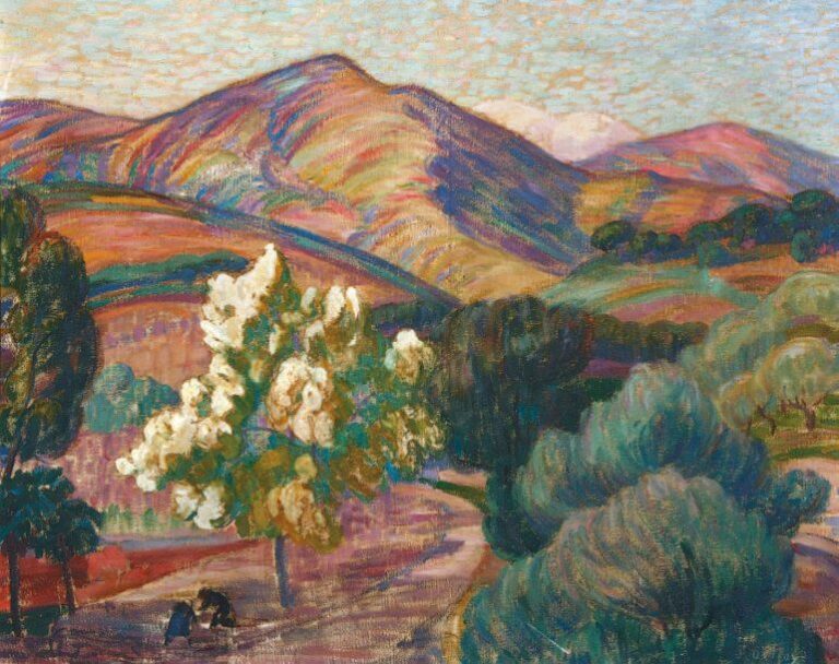 « Arbre en fleur dans les montagnes » Huile sur toile, signée en bas à droite 65 x 81 cm