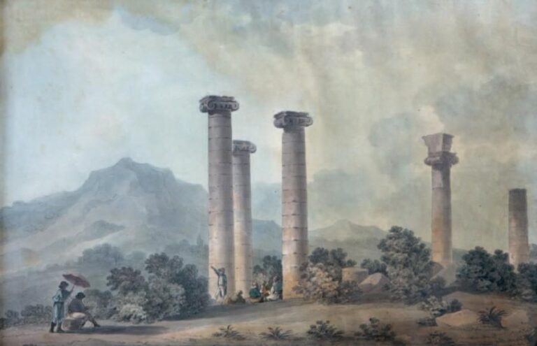 «Artiste dessinant devant des colonnes antiques» Plume et aquarelle 32,5 x 49,8 cm