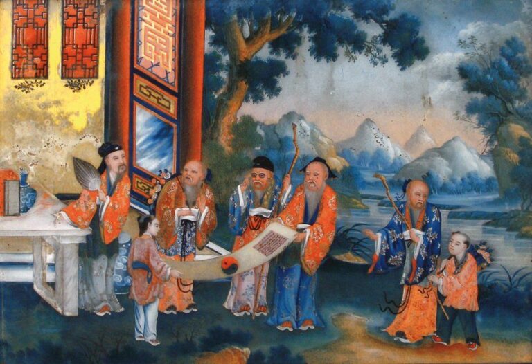Assemblée de lettrés et de taoïstes Fixé sous verre Chine, vers 1860 4