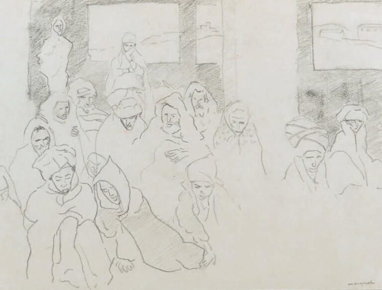 Assemblée de personnages orientaux Mine de plomb sur papier, signée en bas à droite 24 x 31,5 cm