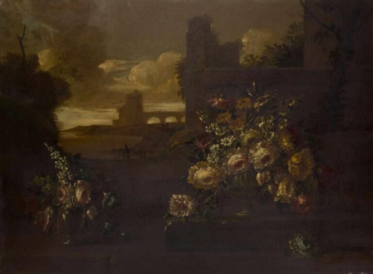 Attribué à Michele Antonio RAPOUS, (Torino, 1733-1819) Bouquets de fleurs sur fond de ruines antiques  Huile sur toile 86 x 117,5 cm