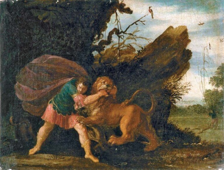 attribué à Samson et le lion Toile 38,5 x 50 cm (Cadre à palmettes d'époque Empire)