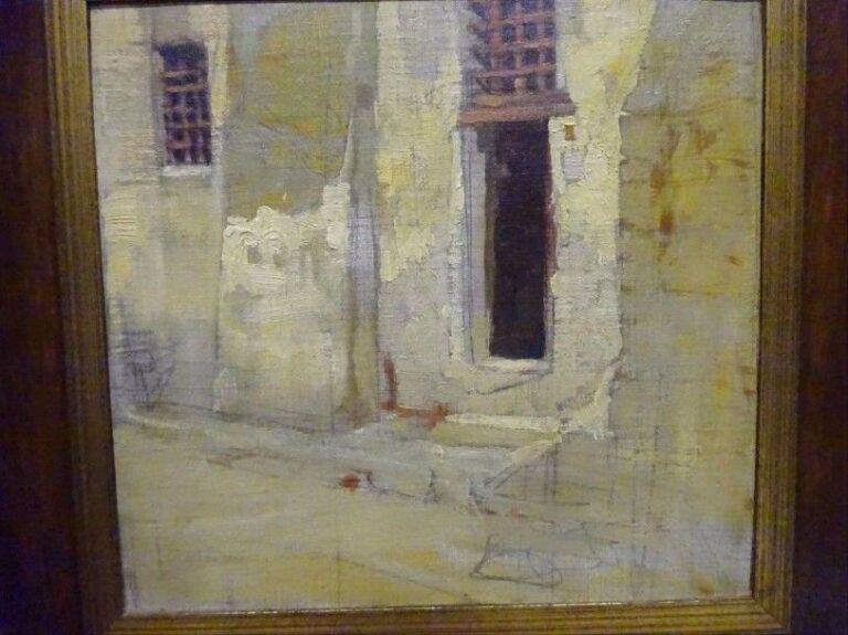 Attribué à Vittorio GRASSI Entrée d'une demeure Huile sur toile marouflée sur panneau Non signée 20 x 21,5 cm
