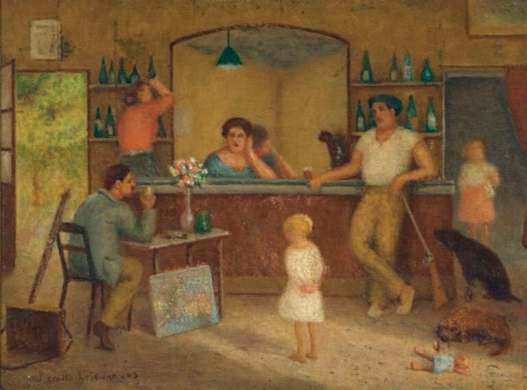 «AU BAR» Huile sur carton, signée en bas à gauche et datée «43» 30 x 37 cm