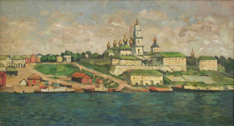 Au bord de la Volga Huile sur toile Signée en bas à droite 38 x 71 cm