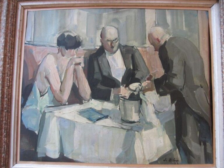 Au restaurant Huile sur toile, signée et datée en bas à droite 1928 50 x 59 cm